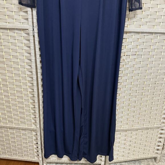 R&M Richards Ruffled Illusion Formal Jumpsuit Size 14P Petite Navy Mesh Sleeve - Picture 5 of 12